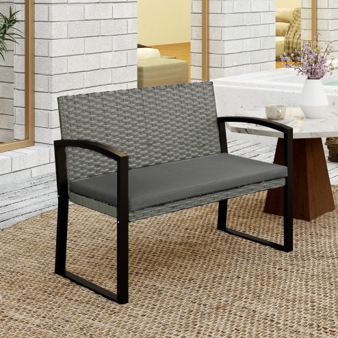 Outsunny 2 Seater Rattan Garden Bench, Outdoor Bench with Cushion, PE Wicker Garden Loveseat with Armrests, Galvanised Steel Frame for Patio, Park, Dark Grey