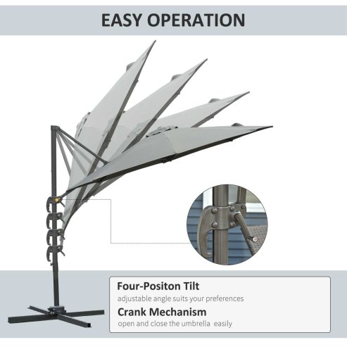 Outsunny 3(m) Patio Offset Parasol Roma Umbrella Cantilever Hanging Sun Shade Canopy Shelter Tilt 360 Rotation with Aluminium Frame Hand Crank Cross Base, Dark Grey