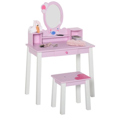 HOMCOM 2 PCS Kids Wooden Dressing Table and Stool Girls Vanity Table Makeup Table Set with Mirror Drawers Role Play Toy for Toddlers Age 3 Years +, Pink and White Image
