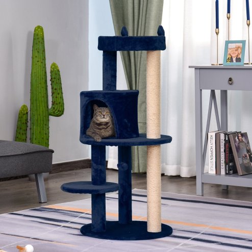 PawHut 104 cm Cat Tree, Cat Condo Tree Tower, Cat Activity Centre with Scratching Posts, Plush Perches, Hanging Ball - Blue Image