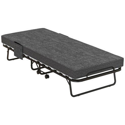 HOMCOM Folding Bed with Mattress, Foldable Guest Bed on Wheels, Portable Single Bed with 10cm Mattress, Side Pockets, Cover, 190 x 80cm, Dark Grey