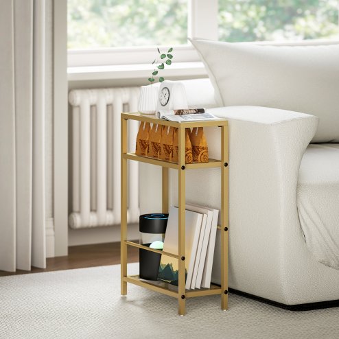 HOMCOM 3-Tier Side Table, Narrow End Table with Storage Shelf and Tempered Glass Tabletop for Small Spaces, Bedroom, Living Room, Entryway, Gold Tone