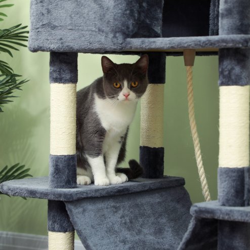 PawHut Cat Tree, 206cm Cat Tower with Sisal Scratching Posts and Board, Beds, Condos, Platforms, Hammocks, Toy Balls & Rope, Anti-Tip Kit, Kitten Activity Centre for Indoor, Dark Grey