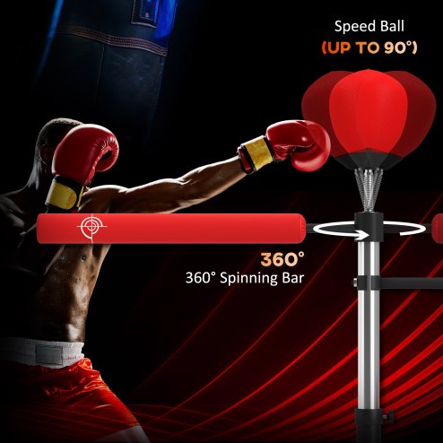 HOMCOM 3-in-1 Boxing Punching Bag Free Standing with 2 Speed Balls, 360 Degree Relax Bar, PU-Wrapped Boxing Bag and Fillable Base, 160-230cm Adjustable Height, Red