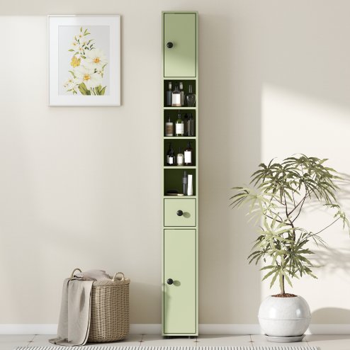 kleankin 180cm Tall Bathroom Cabinet, Slim Bathroom Storage Cabinet with 4 Open Shelves, 2 Door Cupboards and Adjustable Shelves, Green