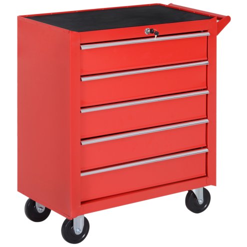 DURHAND 5-Drawer Lockable Tool Storage Cabinet with Wheels, Handle, 2 Keys, Steel Home Work DIY Workshop Chest, Garage Equipment Trolley, Red