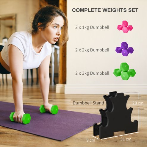 SPORTNOW Hex Dumbbells Set with Dumbbell Rack, Hand Weights for Home Gym Strength Training, 2 x 1kg, 2 x 2kg, 2 x 3kg