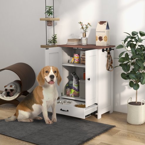 PawHut Pet Feeding Station with Storage, Dog Feeding Station with Raised Dog Bowls, Adjustable Panel, Hooks, Pet Food Storage Cabinet, White Image