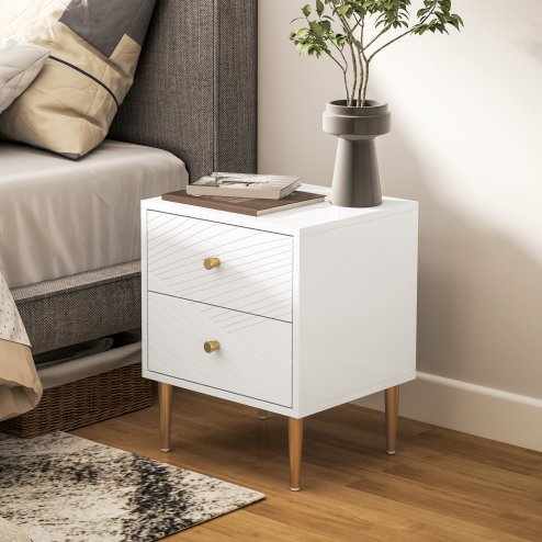 HOMCOM Bedside Table with 2 Drawers, Modern Side Table with Curved Line Panels and Metal Legs for Bedroom, Living Room, White