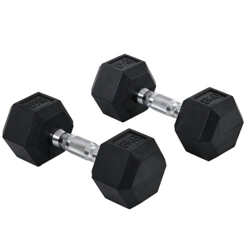 HOMCOM Rubber Dumbbell Sports Hex Weights Sets Home Gym Fitness Hexagonal Dumbbells Kit Weight Lifting Exercise (2 x 8kg) Image