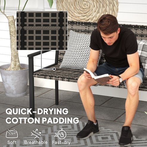 Outsunny 2 Seater Rattan Garden Bench, Outdoor Bench with Quick-Drying Cotton Padding, Wicker Garden Loveseat with Armrests, Steel Frame for Patio, Park, Mixed Grey