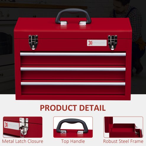 DURHAND 3 Drawer Tool Chest, Lockable Metal Tool Box with Ball Bearing Runners, Portable Toolbox, 510mm x 220mm x 320mm, Red