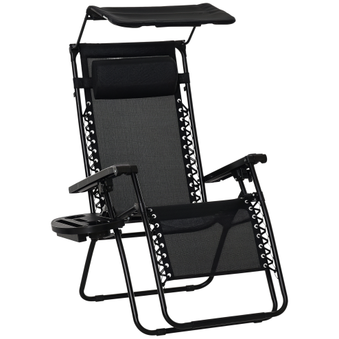 Outsunny Foldable Reclining Garden Chair with Headrest, Zero Gravity Deck Sun Lounger Seat Chair with Footrest, Armrest, Cup Holder & Canopy Shade, Black