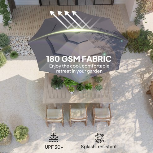 Outsunny 2.6 m Garden Parasol with Solar LED Lights, 3-Tier Patio Umbrella Outdoor with Tilt Mechanism & Crank Handle, UPF 30+, Table Umbrella for Market Terrace, Dark Grey