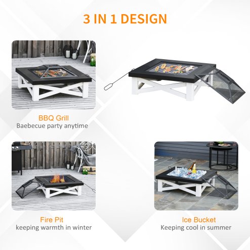 Outsunny Outdoor 3 in 1 Square Fire Pit Brazier with BBQ Grill, Metal Large Firepit with Lid, Log Grate, Poker for Backyard, Camping, Bonfire, Wood Burning Stove, 86 x 86 x 38cm, Black