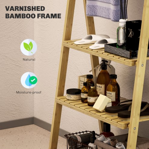 HOMCOM Folding Bathroom Storage Shelves, 3-Tier A-Frame Bamboo Storage Shelving Unit with Towel Bars, Freestanding Shelves Rack Organiser for Living Room, Natural