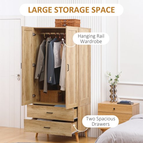 HOMCOM 2 Door Wardrobe, Modern Wardrobe with 2 Drawers and Hanging Rail for Bedroom, Flats, Natural