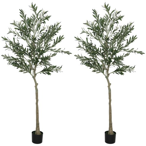 HOMCOM Set of 2 6ft/ 180cm Decorative Artificial Plant, Silk Olive Tree with 900 Leaves and 40 Olive Fruits in Pot, Fake Plant for Home, Office, Living Room, Indoor Decor