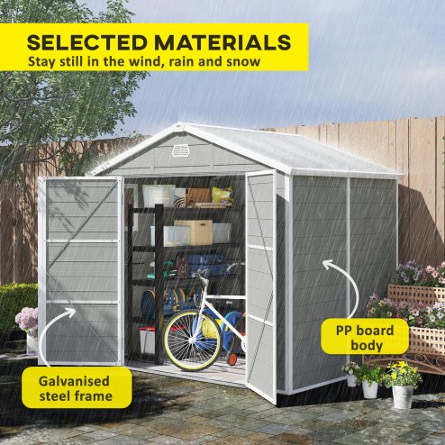 Outsunny 8 x 6ft Plastic Garden Storage Shed with Foundation Kit, Polypropylene Outdoor Storage Tool House with Ventilation Slots and Lockable Door, Light Grey