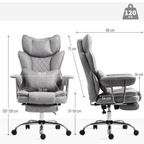 HOMCOM Executive Office Chair, Leathaire Reclining Computer Desk Chair with Lumbar Support Pillow, Built-in Headrest, High Back, Footrest, Silent Swivel Wheels, Armrest for Home, Grey