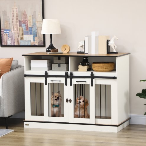 PawHut Dog Crate Furniture for Small and Large Dogs w/ Movable Divider, Dog Cage End Table with Shelves, Sliding Doors, 120 x 60 x 88.5cm, White