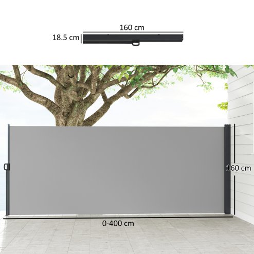 Outsunny Retractable Side Awning, Garden Privacy Screen Divider, Full Cassette Wind Breaker for Hot Tub, Balcony, Terrace, Pool, 400 x 160cm, Light Grey