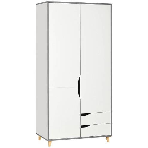 HOMCOM 2 Door Wardrobe with 2 Drawers, Storage Cupboard with Clothes Hanging Rail, Shelves and Anti-tipping Design, Modern Bedroom Furniture, White