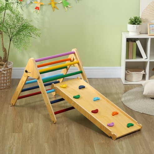 AIYAPLAY Toddler Climbing Frame, 3 in 1 Pikler Triangle Set with Ramp, Wooden Climbing Frame Indoor Baby Gym, for 18-48 Months, Multicoloured