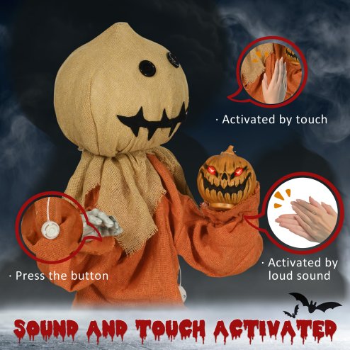 HOMCOM 77cm Outdoor Halloween Decoration Scarecrow, Standing Scarecrow Prop Life Size with Sound and Motion Activated, Light Up Eyes, Howling Sound, Posable Arms, Moving Hands