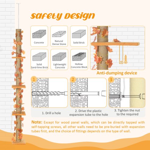 PawHut 242cm Floor to Ceiling Cat Tree for Indoor Cats with Leaves, Height Adjustable Cat Climbing Tower with Scratching Post, Anti-Slip Kit - Orange