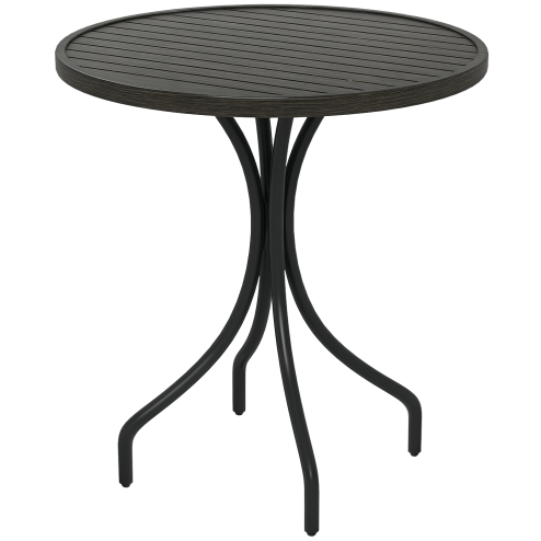 Outsunny ??66cm Garden Side Table, Round Bistro Coffee Table, Outdoor Patio Table with Steel Frame and Slat Tabletop for Balcony and Porch, Grey Wood Grain
