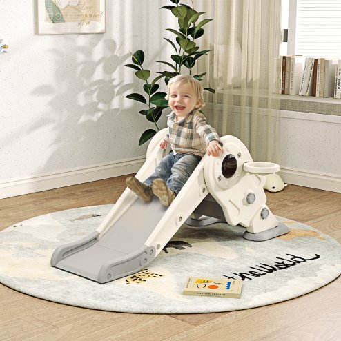 AIYAPLAY Kids Slide with Basketball Hoop, 3-in-1 Toddler Slide with Climber for Indoor, Foldable Freestanding Slide for Toddlers, Ages 2-5 Years, Cream White
