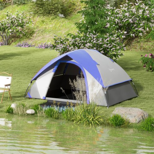 Outsunny Camping Tent, 2 Man Dome Tent, 3000mm Waterproof, with Sewn-in Groundsheet, Carry Bag and Top Hook, for Fishing Hiking Festival, Grey and Dark Blue