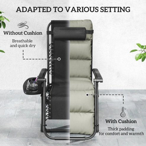 Outsunny Zero Gravity Chairs Set of 2, Folding Reclining Garden Chair, Outdoor Sun Lounger with Cushion, Garden Recliner Chairs with Headrest and Cup Phone Holder Tray for Beach, Grey