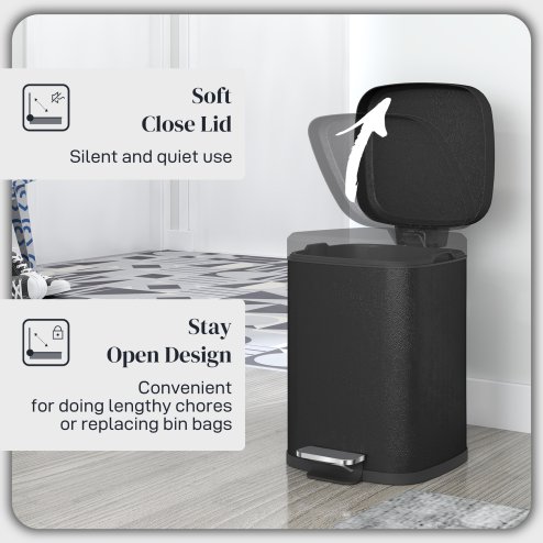 HOMCOM 12 Litre Pedal Bin, Fingerprint Proof Kitchen Rubbish Bin with Soft-close Lid, Foot Pedal and Removable Inner Bucket for Recycling and Waste