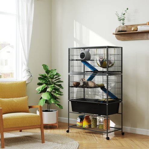 PawHut 5 Levels Rabbit Cage, Rolling Rat Cage with Slide Out 16cm Deep Tray, Non Slip Cloth Covered Ramps, Hammock, for Bunny, Pet Mink, Chinchillas, Squirrel, 88 x 48 x 150.5cm, Dark Grey