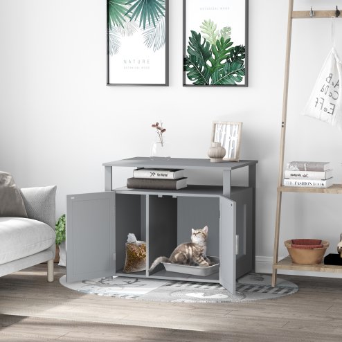 PawHut Wooden Cat Litter Box Enclosure Furniture with Adjustable Interior Wall & Large Tabletop for Nightstand, Grey Image