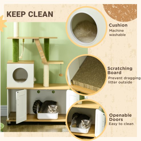 PawHut Cat Tree with Hidden Litter Box Enclosure, 2-in-1 Green Leaf Cat Tower, Litter Box Furniture with House, Ladder, Scratching Posts, Platforms, for Indoor Use - Oak