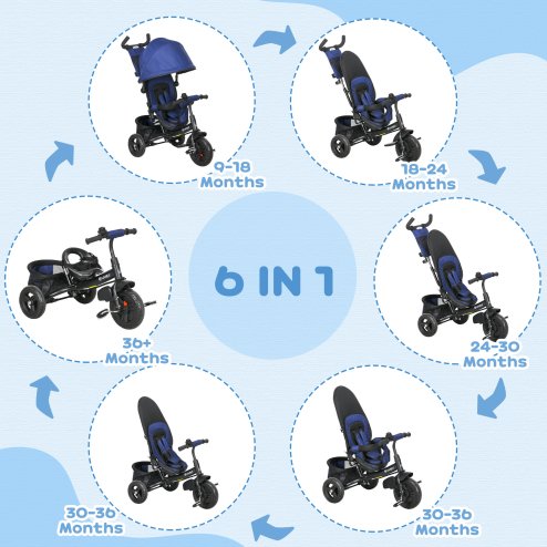 HOMCOM 6 in 1 Trike, Kids Tricycle, Pedal Push Bike w/ Push Handle, Removable Canopy, 5-point Safety Belt, Storage, Cushion, Footrest, Brake, for 1-5 Years Toddler