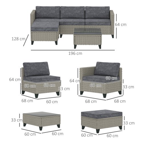 Outsunny 5 Pieces PE Rattan Garden Furniture Set, 4 Seater Garden Corner Sofa Set with Glass Coffee Table, Wicker Outdoor Furniture Set with Cushions for Patio Deck, Dark Grey