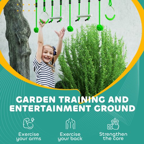 AIYAPLAY Zip Line for Kids Outdoor Adventures,7 Piece 10m Kids Slackline Kit with Wooden Monkey Bars, Metal Rings, Gripping Balls, Toddler Zip Line for Garden, Green