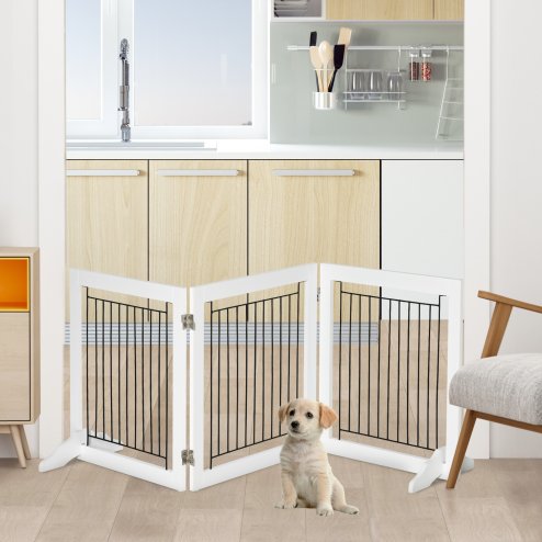 PawHut Freestanding Dog Cate, Foldable Wooden Pet Gate with - 61cm Tall, for Stairways, Doorways, Hallways, Small Dogs - White