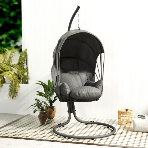 Outsunny Hanging Egg Chair with Cushion and Retractable Canopy, Swing Hammock Chair with Adjustable Metal Stand, for Indoor and Outdoor, Grey