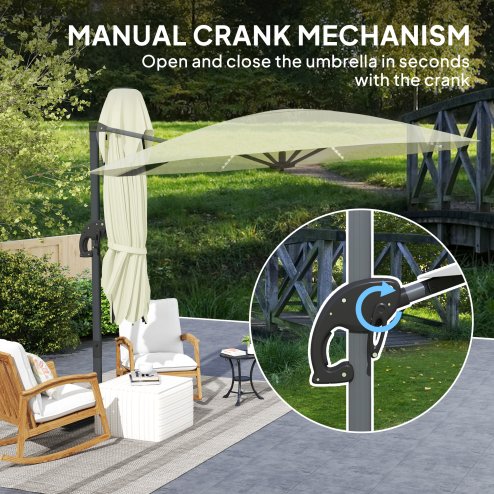 Outsunny 3(m) Cantilever Garden Parasol with Solar Powered Lights, Fibreglass Ribs, Crank Handle & Cross Base, UPF 50+, 360 Rotation, Overhanging Patio Umbrella for Patio Market, Cream