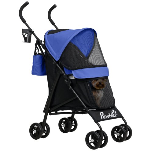 PawHut Pet stroller for Miniature Dogs, Foldable Dog Stroller with Shoulder Strap, 4 Wheels Pet Pram with Storage Bag, Cup Holder, Dark Blue