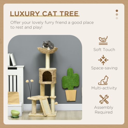 PawHut 116cm Cat Tree for Indoor Cats, Cat Tower with Scratching Posts, Ramp, Cat House, Toy Balls, Platforms, Bed, Ramp - Beige
