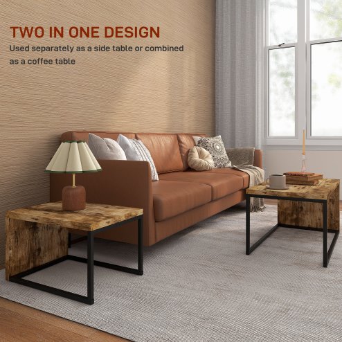 HOMCOM Coffee Tables Set of 2, Industrial Nest of Tables with Metal Frame for Living Room Bedroom