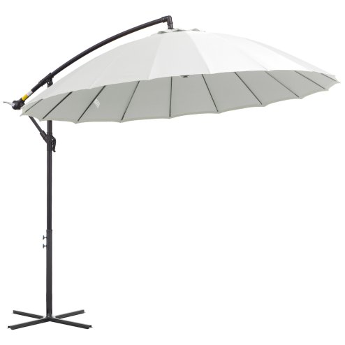 Outsunny 3(m) Cantilever Shanghai Parasol Garden Hanging Banana Sun Umbrella with Crank Handle, 18 Sturdy Ribs and Cross Base, White
