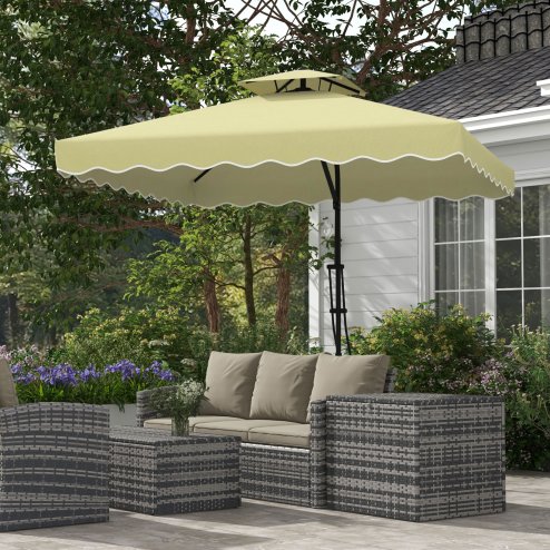Outsunny 2.5m Cantilever Parasol with Easy Lever, Square Double Top Garden Parasol Umbrella with Ruffles and Cross Base, Overhanging Outdoor Sun Shades, Beige