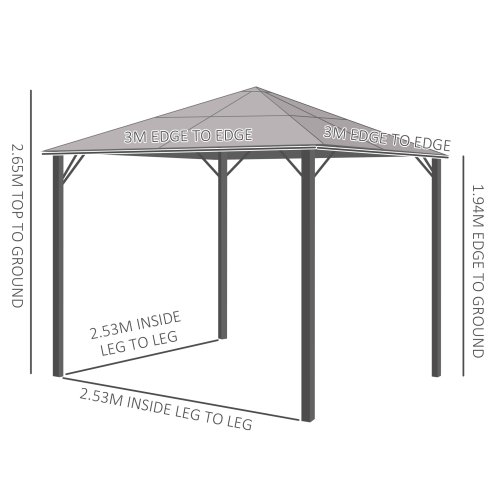 Outsunnym 3 x 3(m) Hardtop Gazebo Canopy with Polycarbonate Roof, Aluminium Frame, Permanent Pavilion Garden Gazebo with Netting and Curtains - Grey